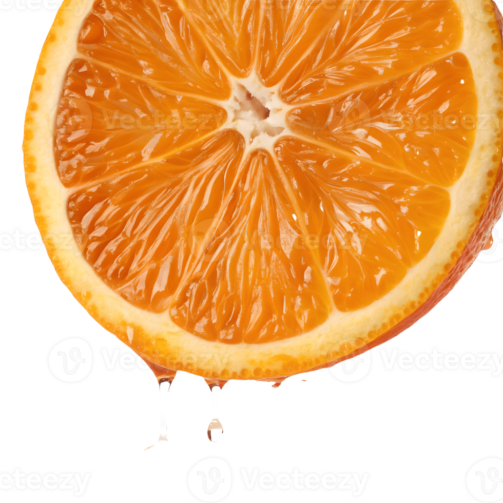 Fresh Orange Slice with Dripping Juice on Citrus Fruit Close Up, Refreshing, Vitamin C Source Transparent Background png