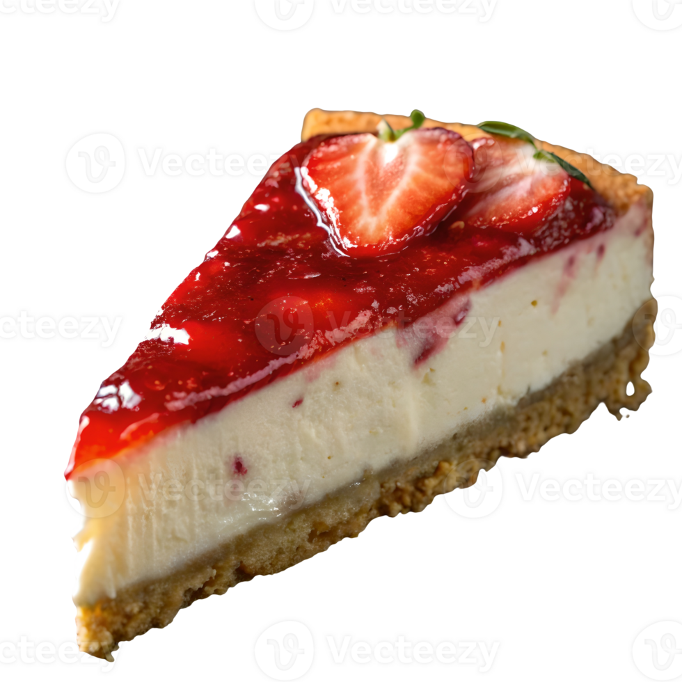 Delicious Strawberry Cheesecake Slice Creamy Dessert with Red Glaze, Perfect for Food Photography, Sweet Treat, and Culinary Delights Transparent Background png