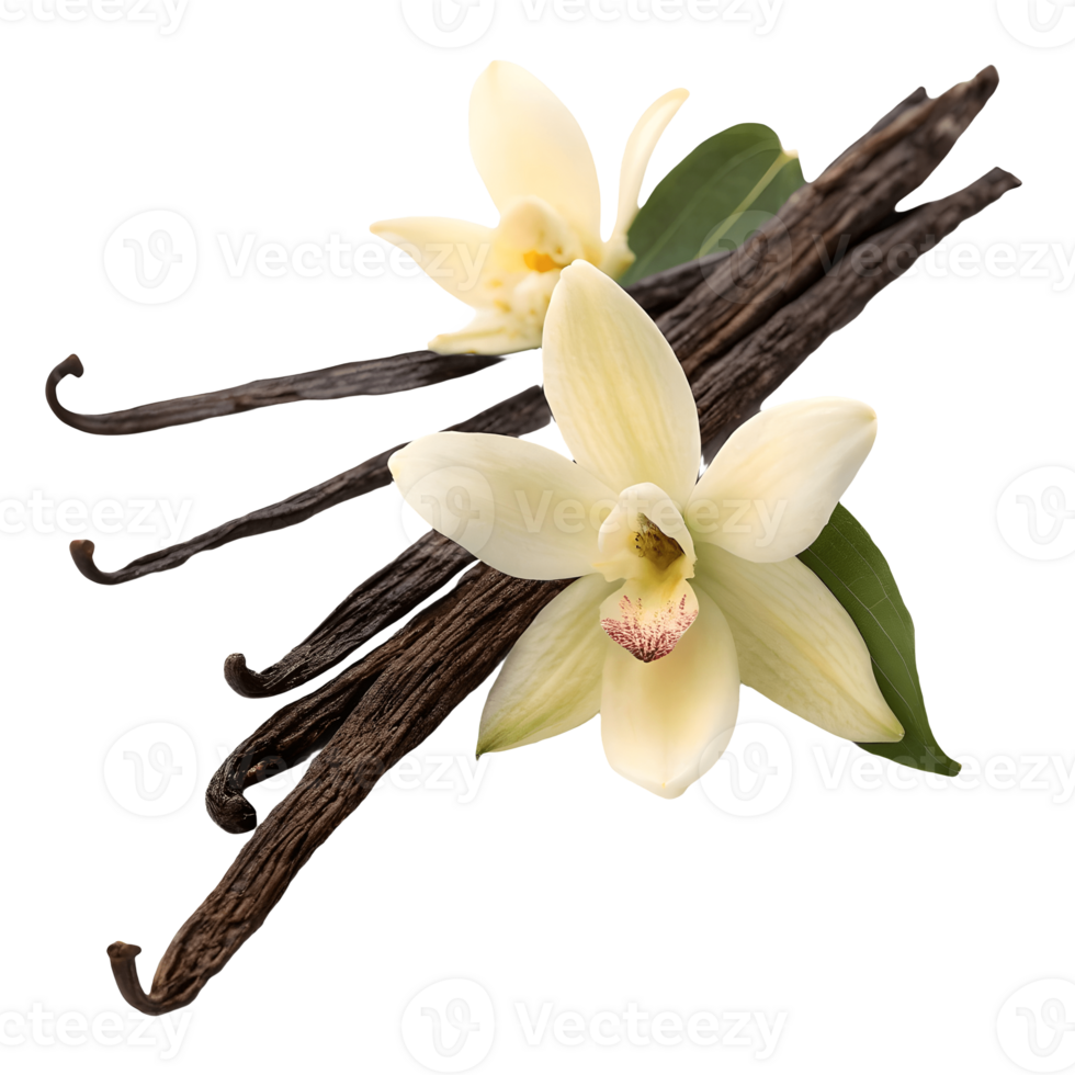 Vanilla Bean Pods and Blossoms Aromatic Spices and Fragrant Flowers Transparent Background png