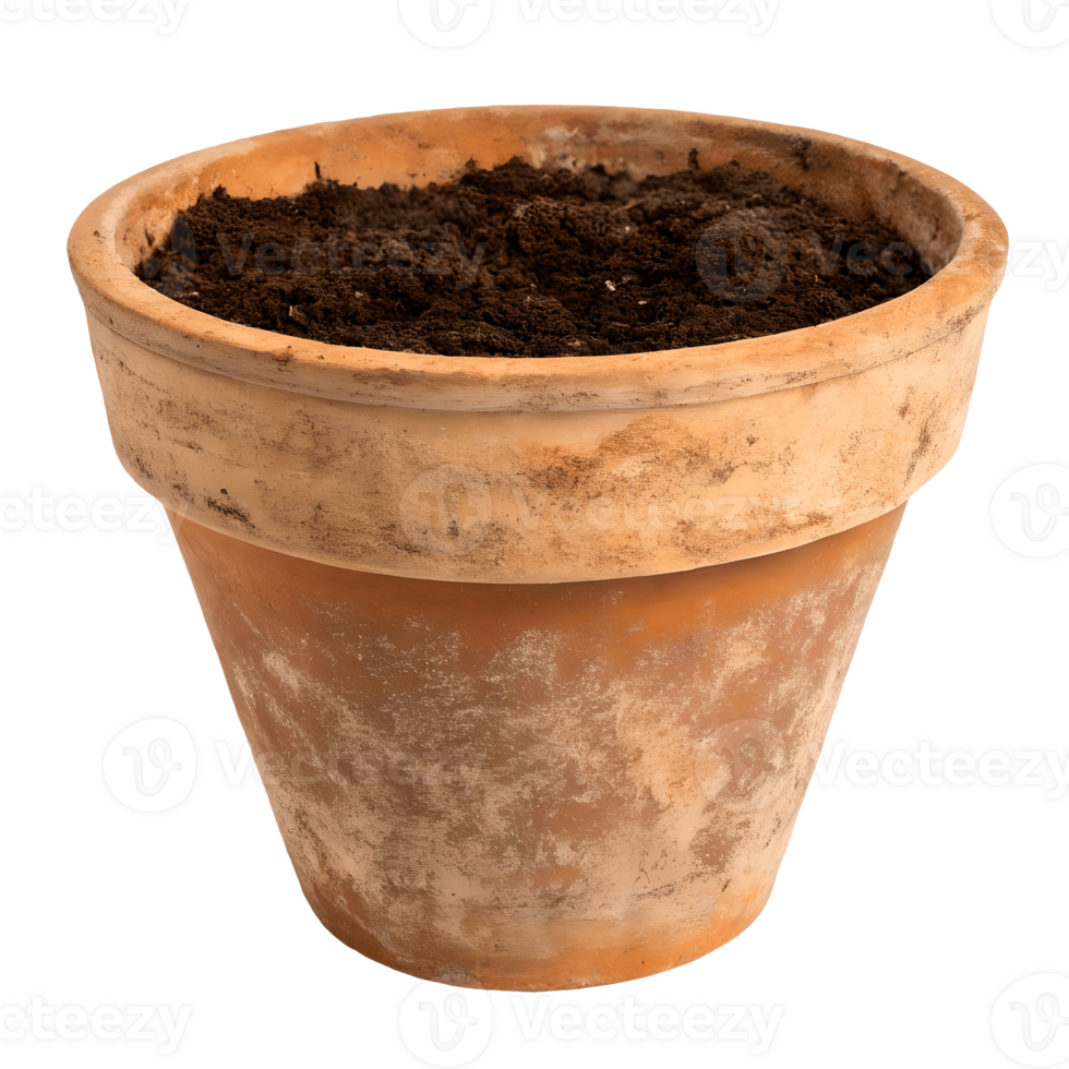 Rustic Clay Flower Pot Filled with Dark Soil, Garden Container, Gardening Theme, Isolated Still Life Transparent Background png