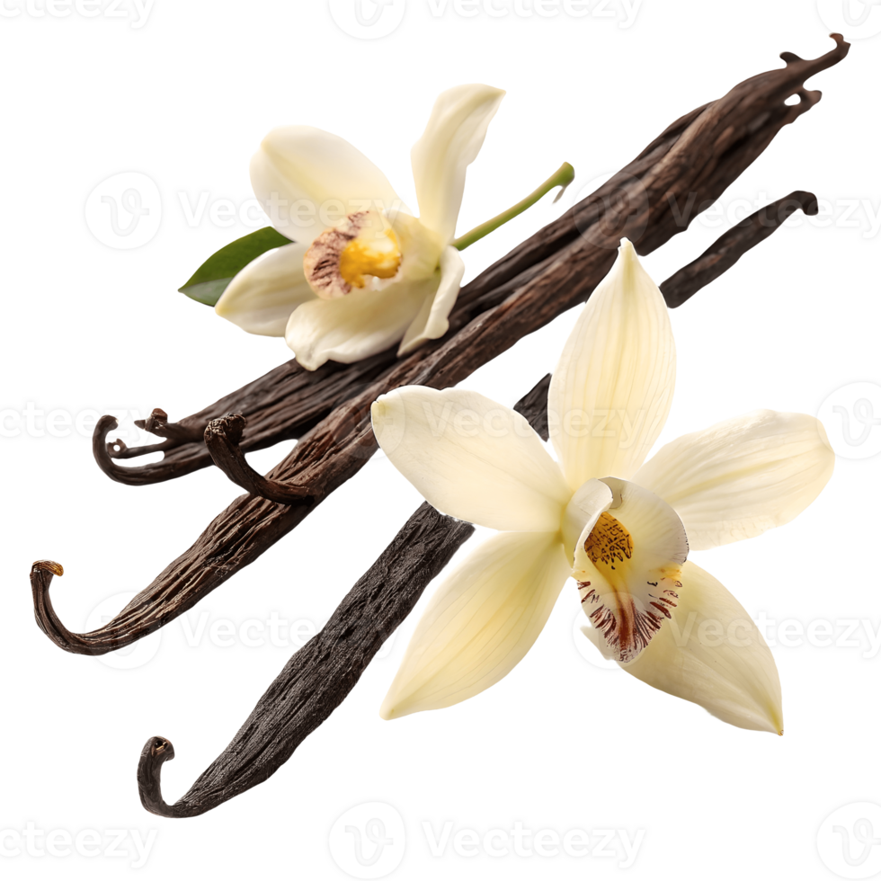 Vanilla Bean Pods with Delicate Vanilla Orchid Blossoms on Culinary Ingredient, Aromatic Spice, Food Photography Transparent Background png