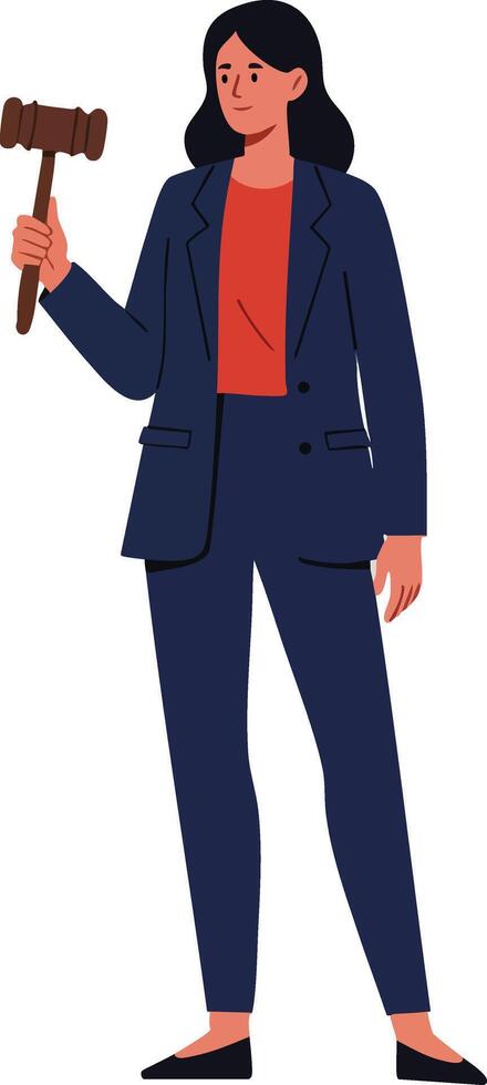 Woman holding wooden gavel in navy blue suit and red shirt legal professional standing illustration vector