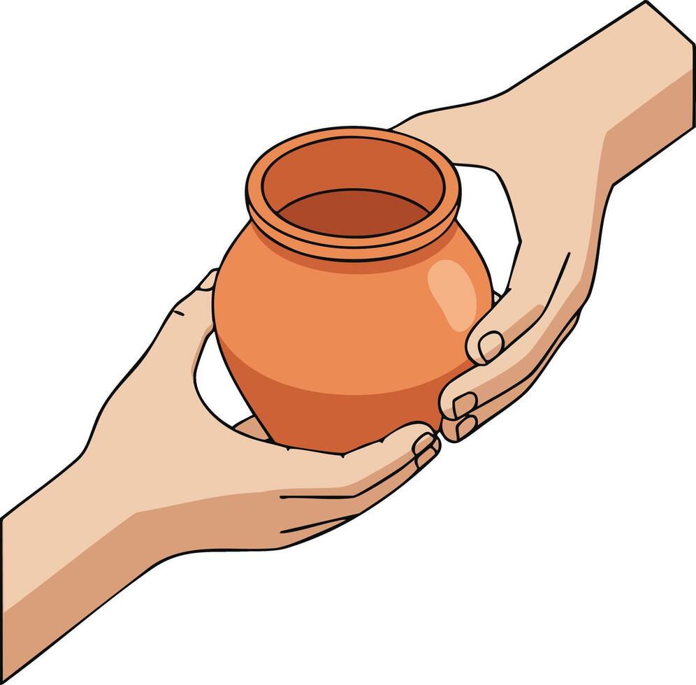 Hands passing clay pot sharing cooperation concept illustration simple design vector