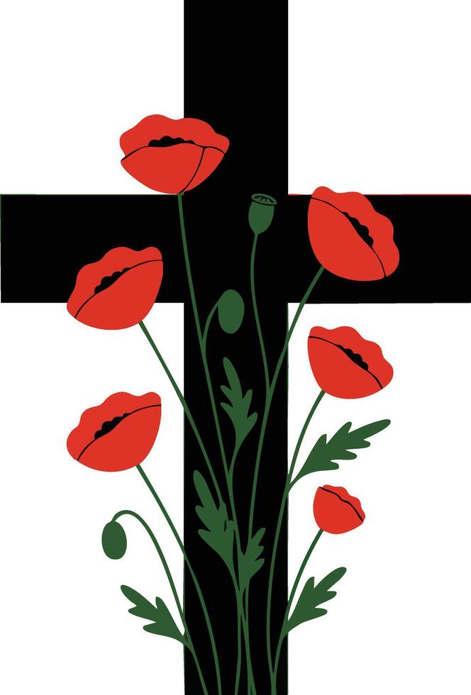 Black cross with red poppy flowers design for memorial and remembrance occasions vector