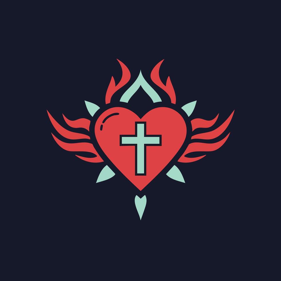 Sacred heart with cross and flames religious Christian symbol spiritual illustration design vector