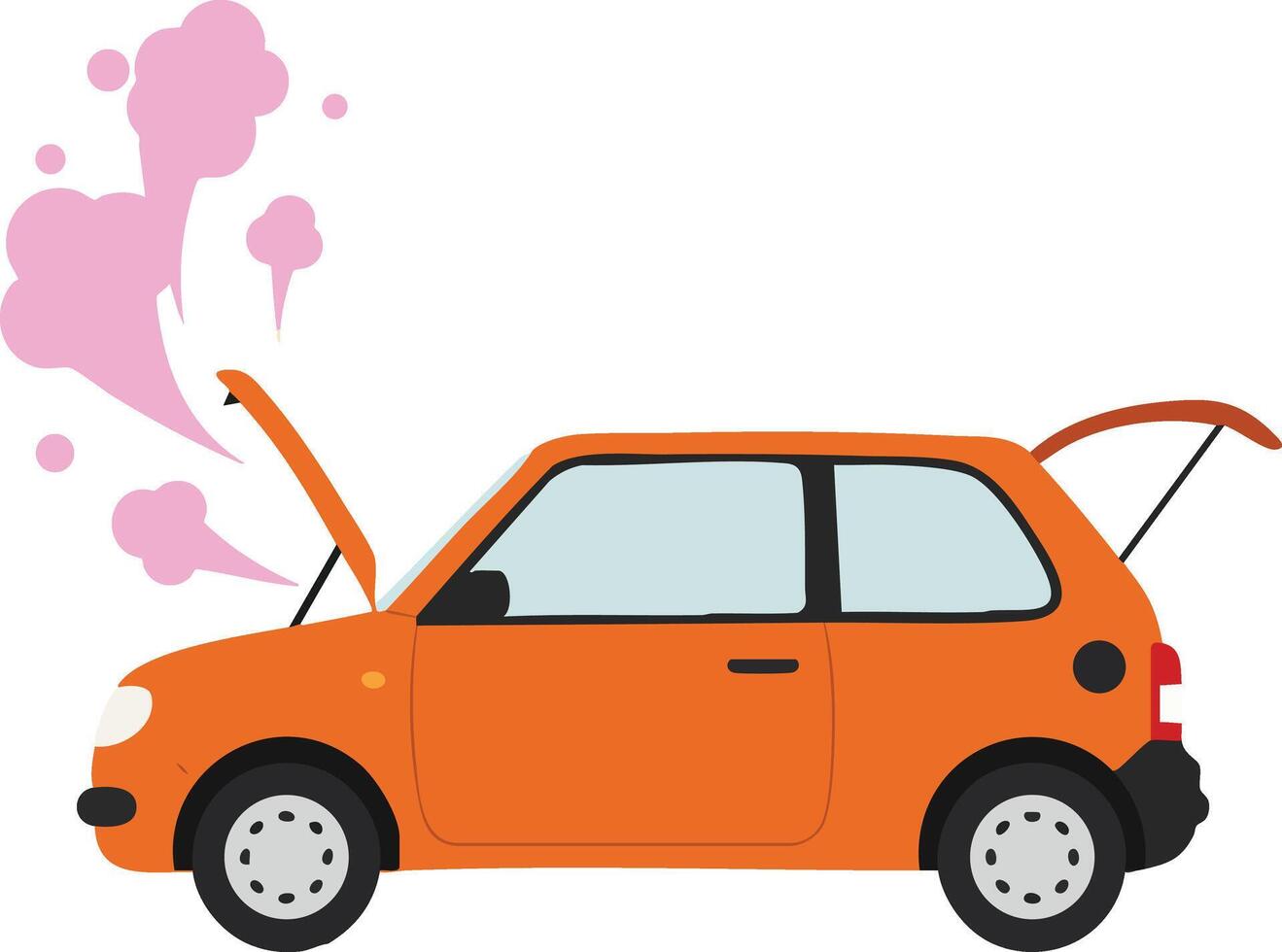 Broken orange car with open hood and trunk emitting pink smoke illustration for vehicle repair or malfunction concept vector