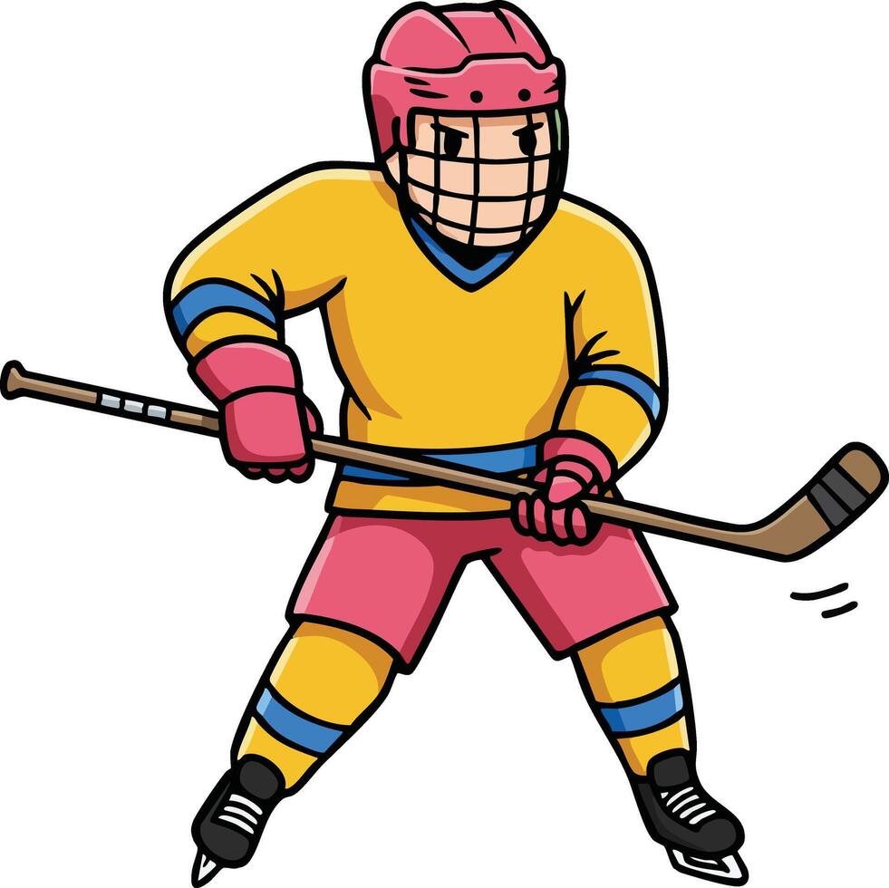 Ice hockey player in action wearing helmet and protective gear skating with stick on ice rink illustration vector