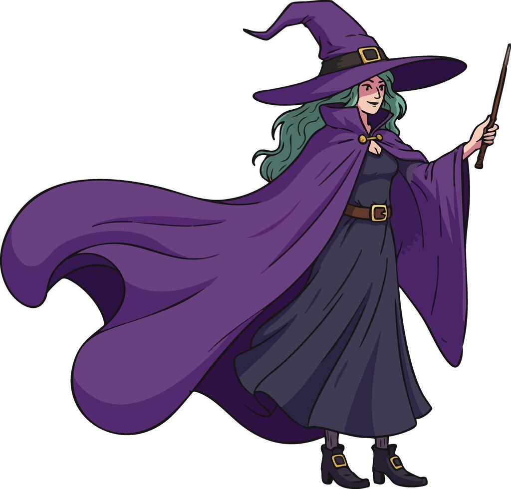 Witch casting magic with wand wearing purple cloak and hat fantasy character illustration vector