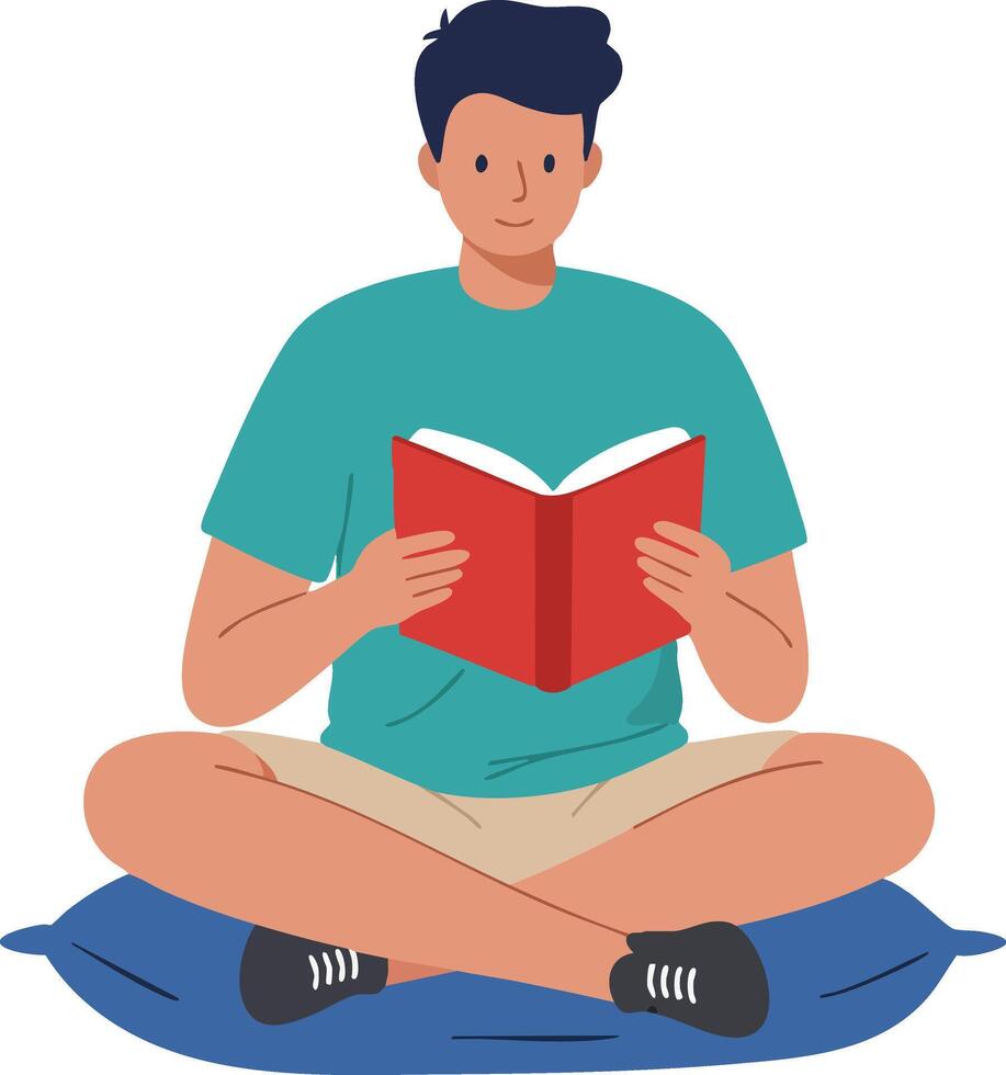 Young man sitting cross-legged reading red book on blue cushion in casual clothes illustration vector
