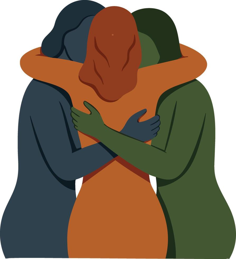 Three people hugging in warm embrace expressing support and unity in diverse group illustration vector