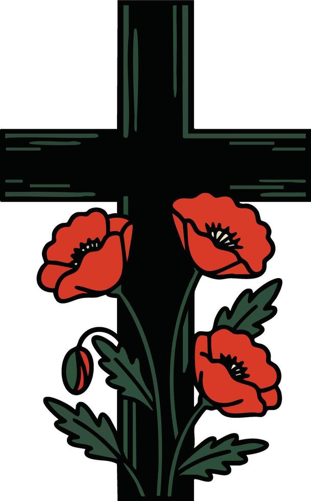 Black cross with red poppy flowers illustration for memorial and remembrance themes vector