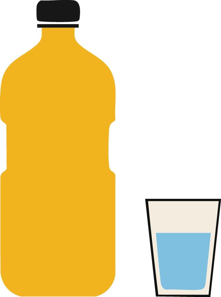 Bottle of water with glass filled halfway simple minimalistic illustration design vector