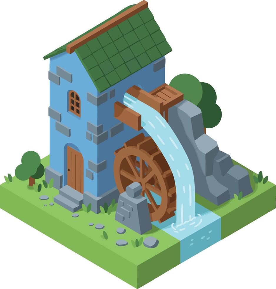 Watermill with flowing water and green roof in isometric design for rural landscapes and eco architecture concepts vector