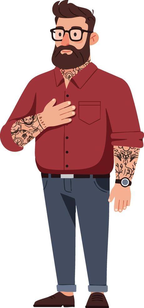 Bearded man with glasses and tattoos wearing red shirt and blue pants character design vector
