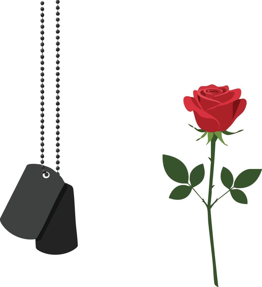 Military dog tags with red rose symbolizing remembrance and respect illustration vector