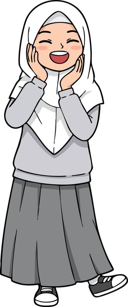 Happy young muslim girl wearing white hijab and grey clothing smiling cheerfully illustration vector