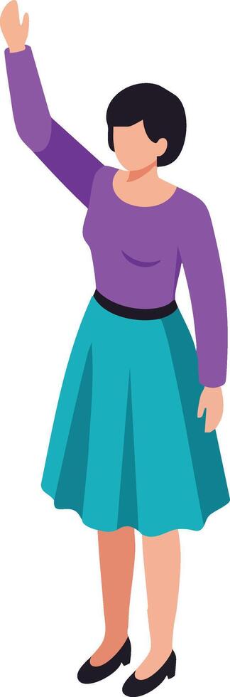 Woman waving hand in teal skirt and purple top standing in casual pose illustration vector
