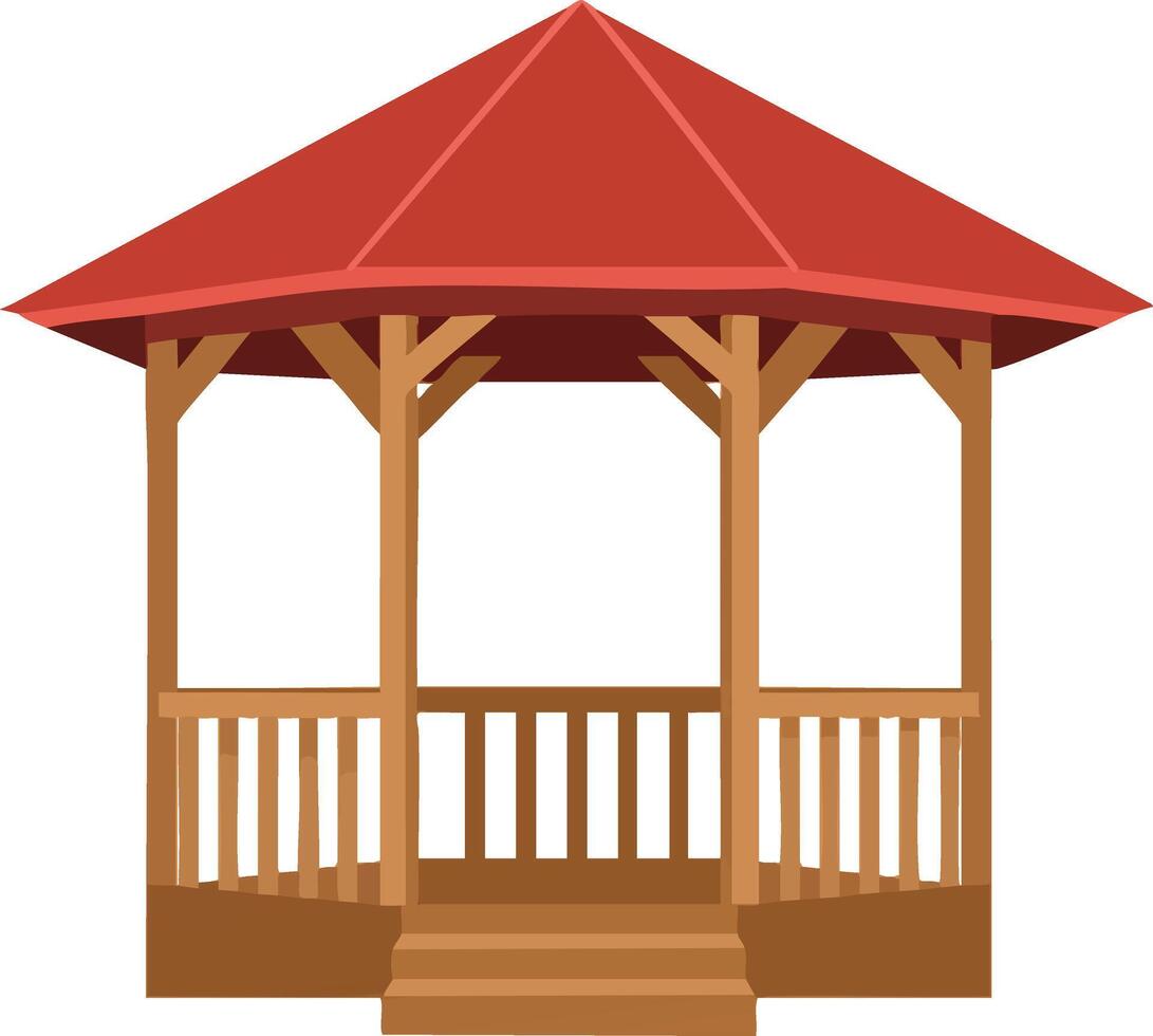 Wooden garden gazebo with red roof outdoor pavilion structure for relaxing or social gatherings illustration vector