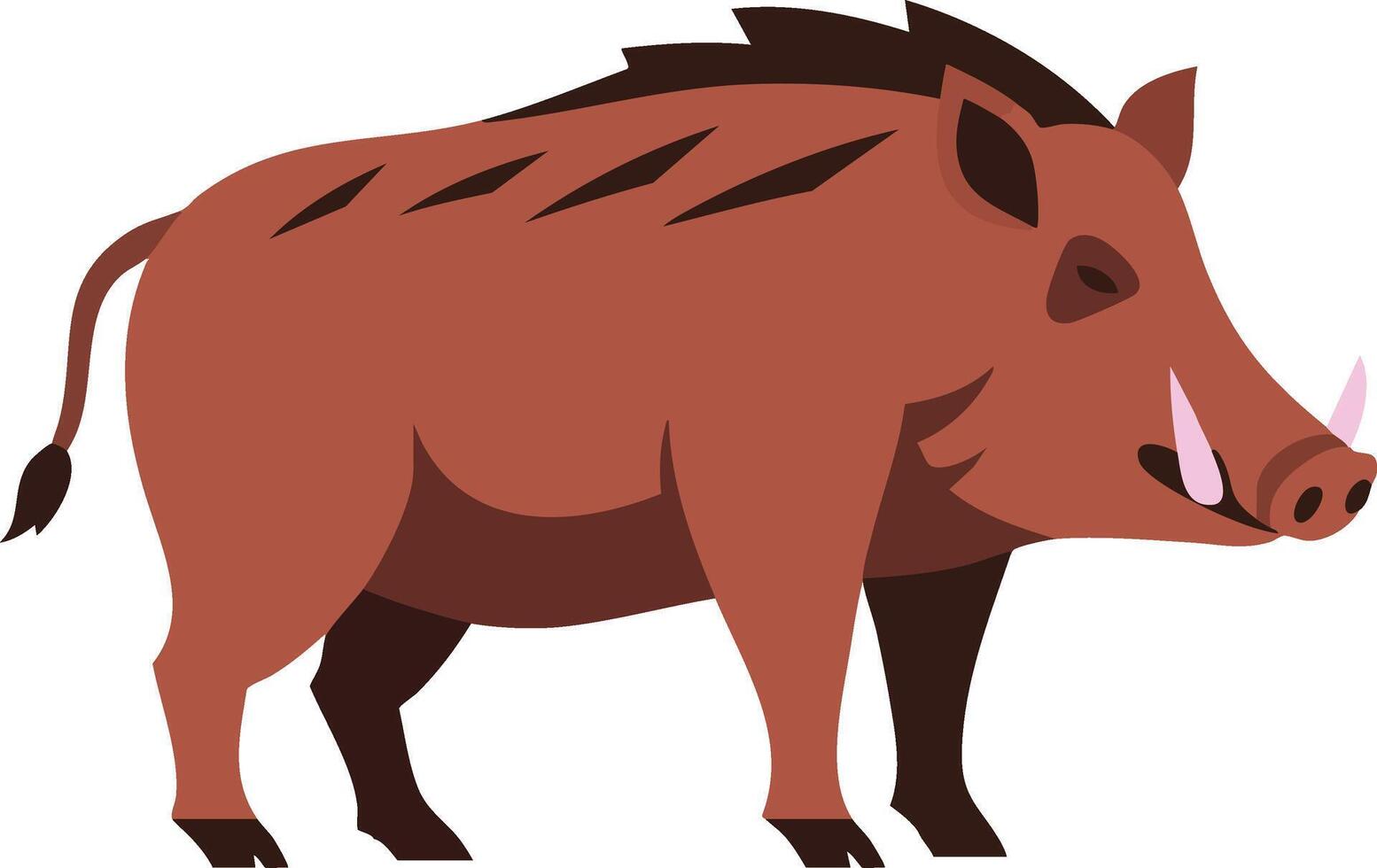 Wild boar animal standing side view with brown fur and pink tusks in style illustration vector