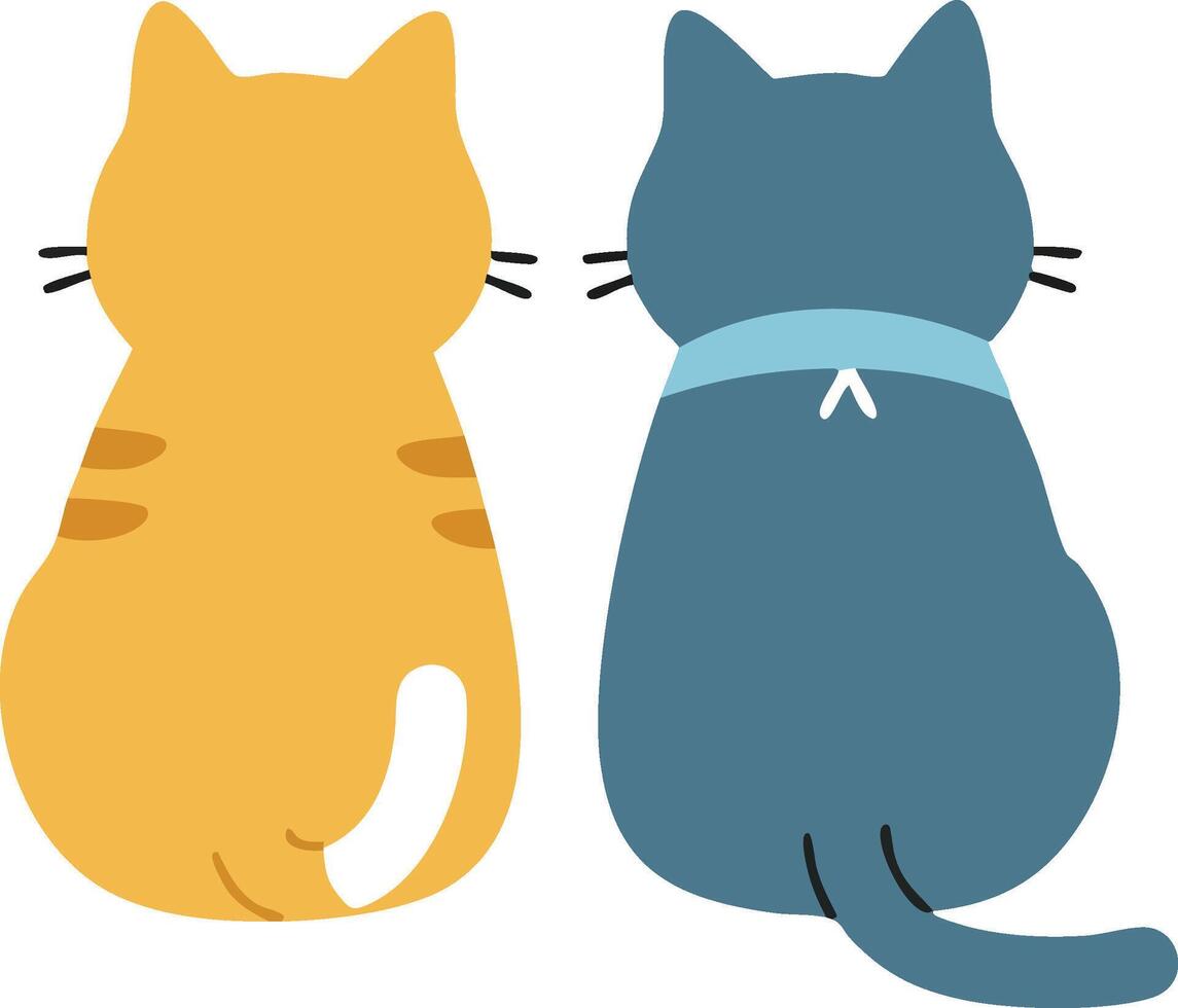 Two cats sitting together back view orange and blue colors simple flat design illustration vector