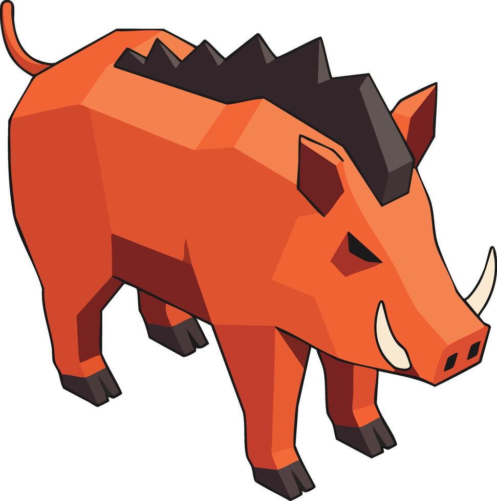 Wild boar animal in low poly geometric style illustration with orange and black colors and tusks vector