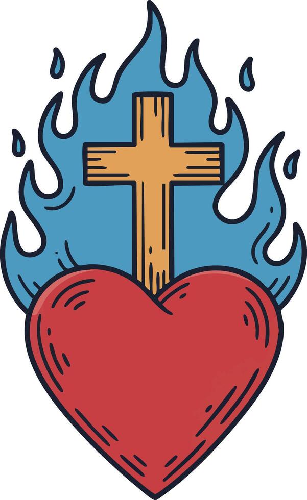 Sacred heart with wooden cross and blue flames religious symbol illustration design vector
