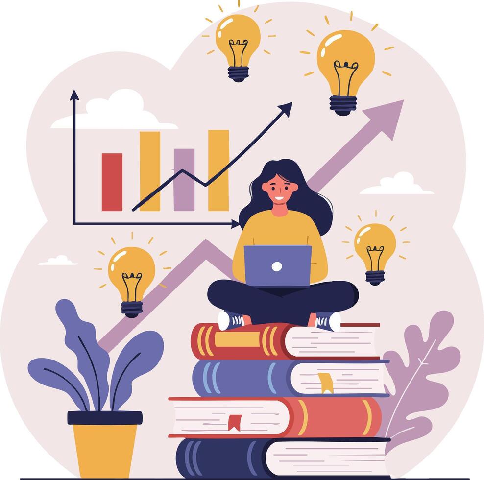 Woman studying on a stack of books vector