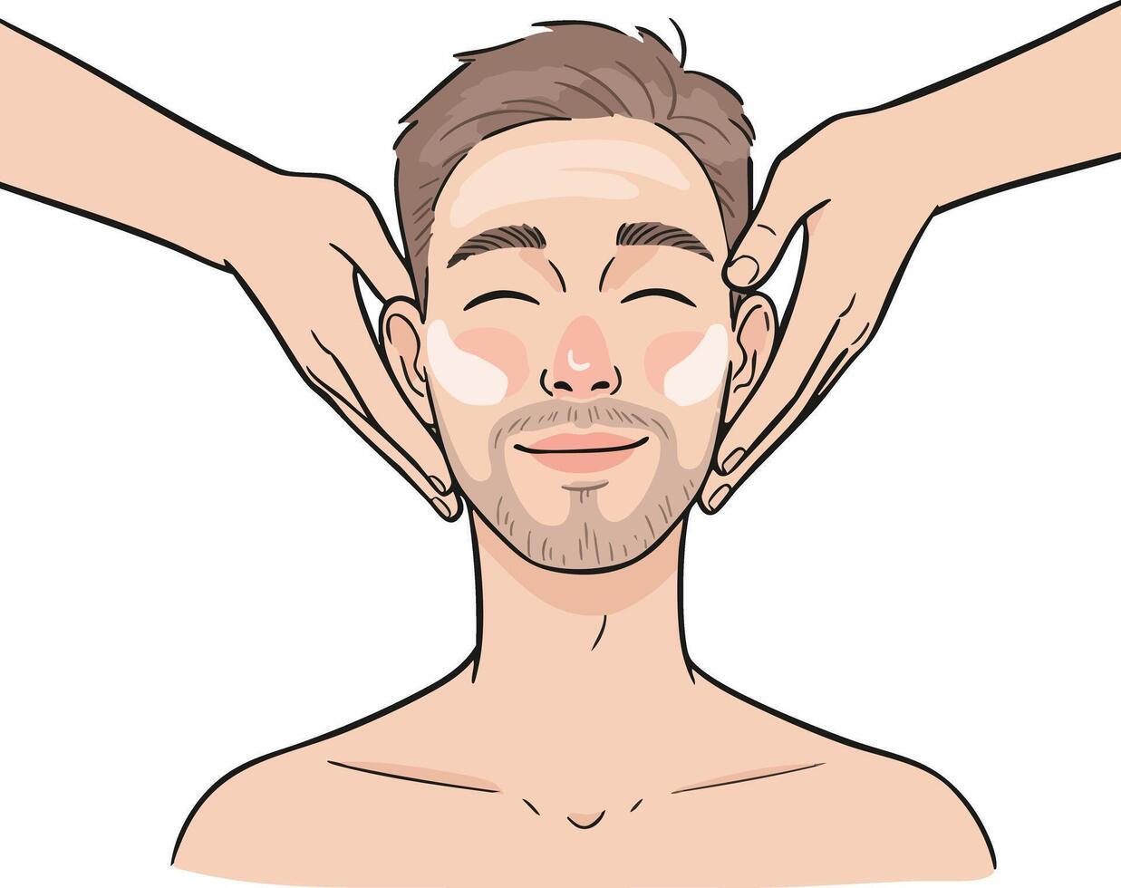 Man receiving relaxing face massage with closed eyes and calm expression illustration vector