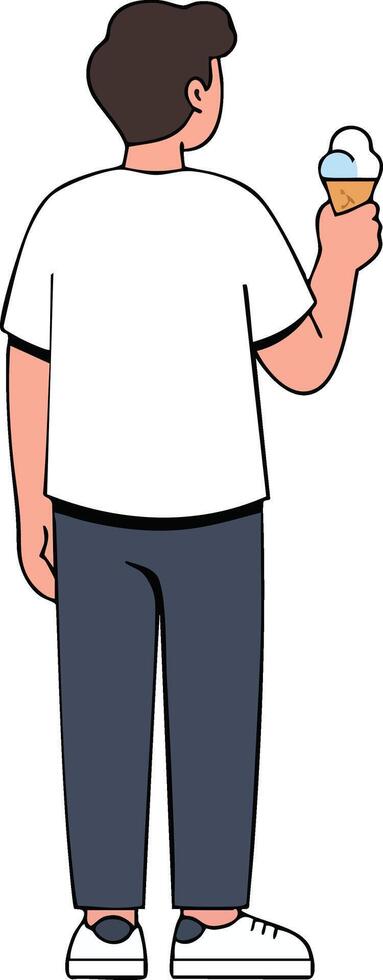 Man holding ice cream cone wearing white t-shirt and dark pants standing with back view illustration vector