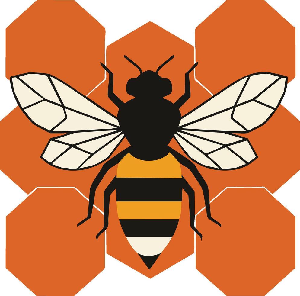 Bee with honeycomb hexagonal pattern graphic design in black and orange colors vector