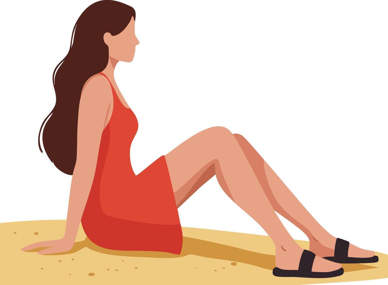 Woman sitting on sand wearing red dress and black sandals side profile relaxed posture illustration vector