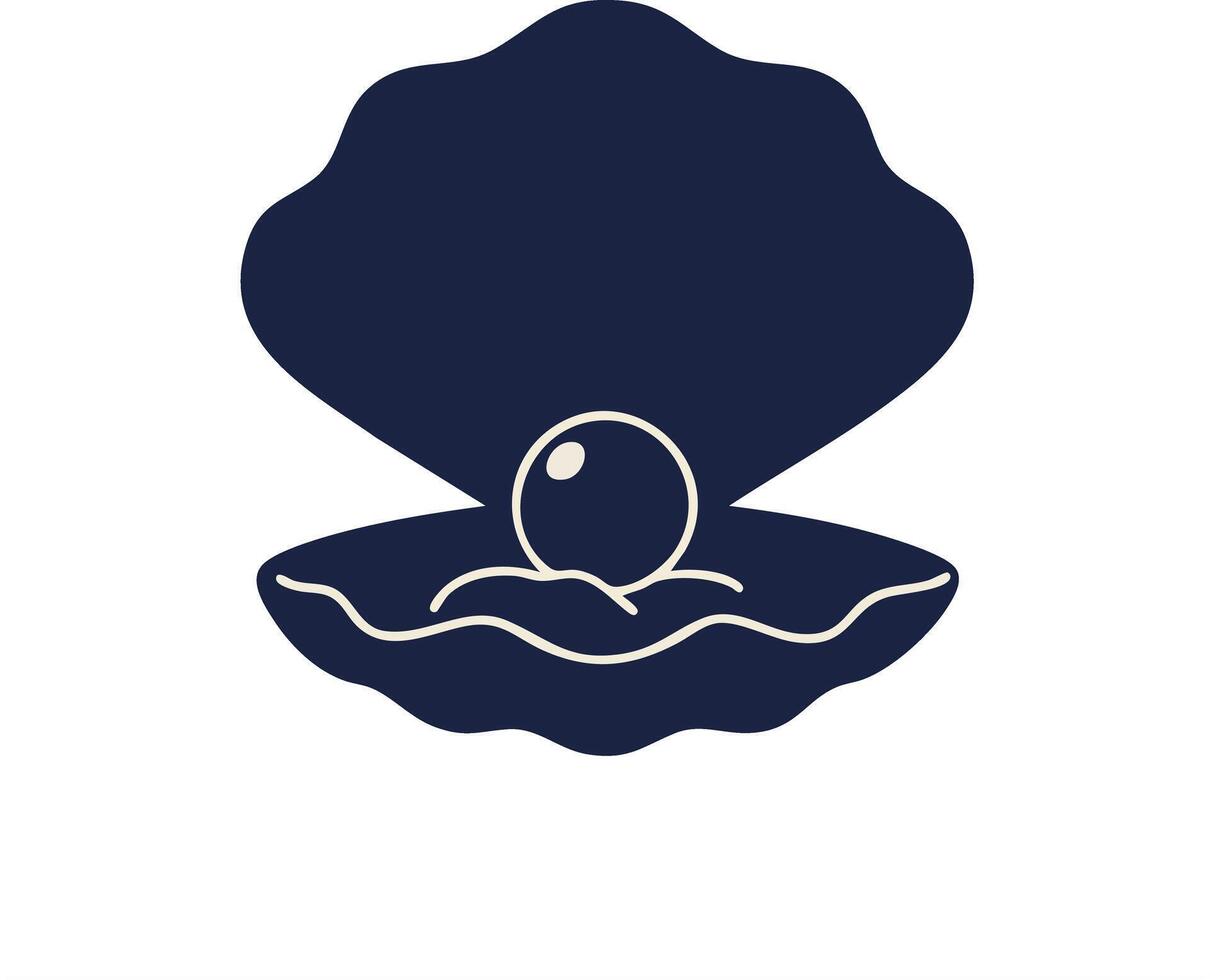 Pearl inside open clam shell illustration in navy blue simple style for ocean and jewelry design vector
