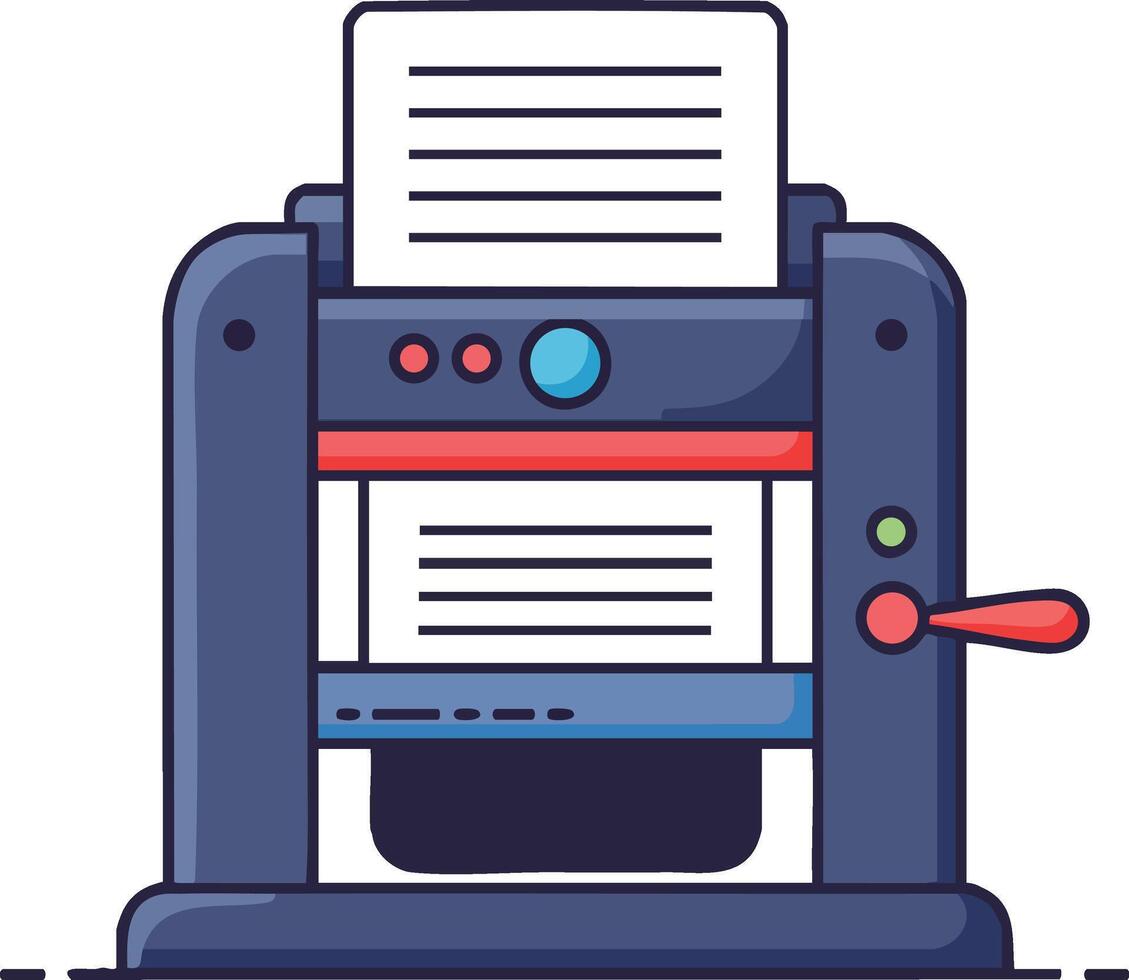Printing press vintage machine with paper sheet for creative graphic design and office work equipment illustration vector