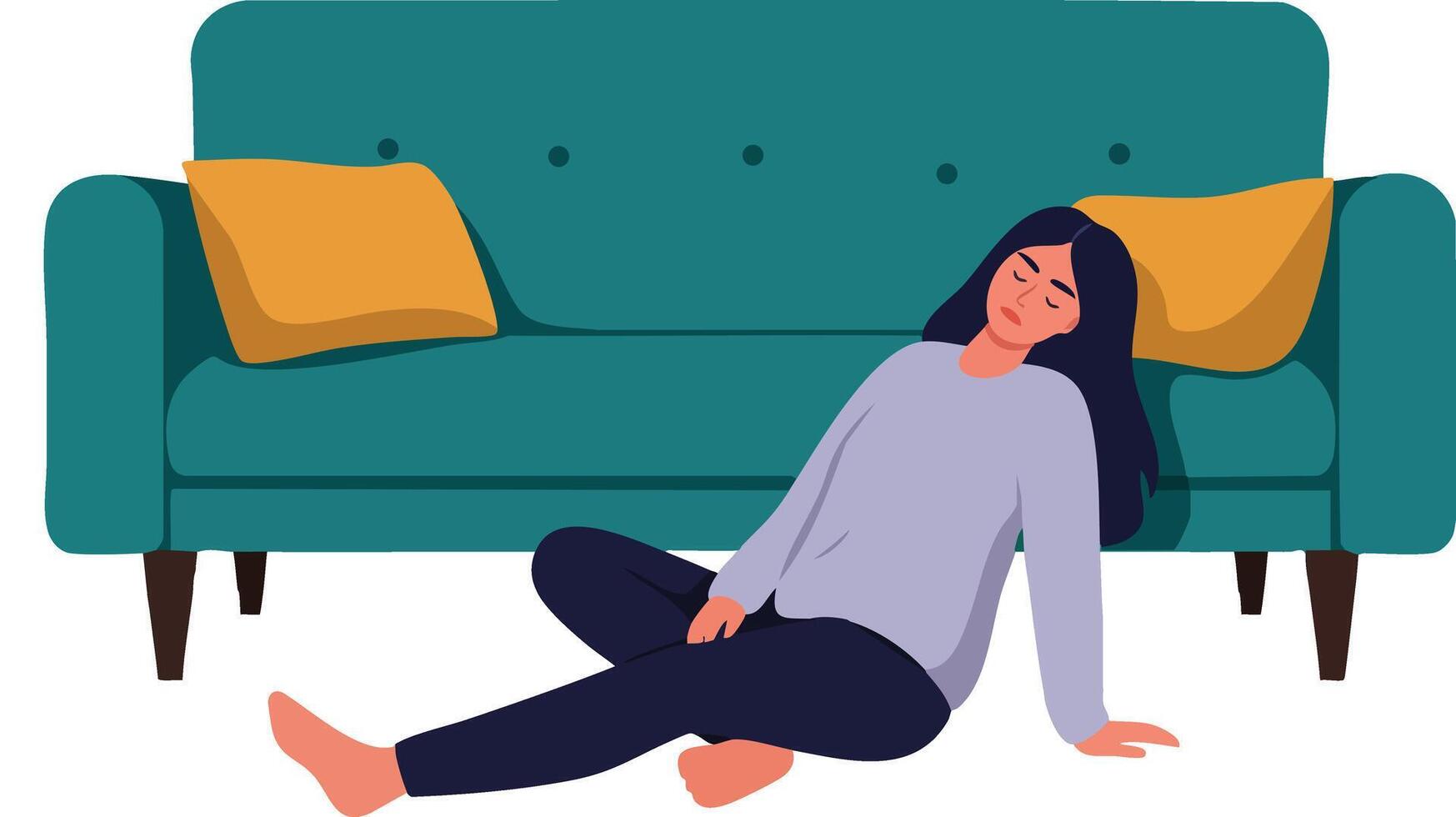 Woman sitting relaxed on floor next to teal sofa with yellow pillows calm indoor leisure scene illustration vector