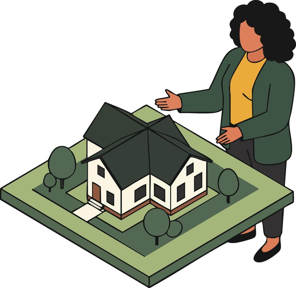 Woman presenting real estate property model with trees and yard in isometric view for sales or planning vector