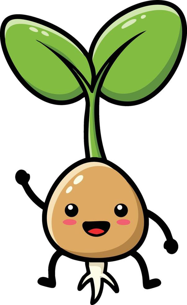 Cute happy sprouting seed character with green leaves and smiling face illustration for nature and growth concepts vector