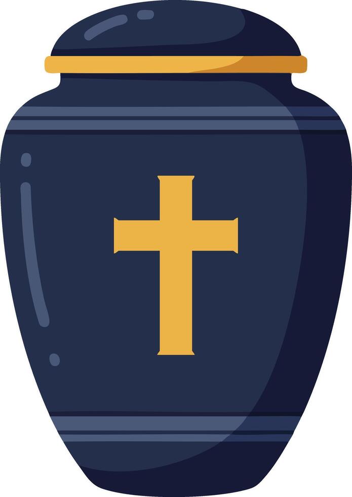 Dark blue urn with golden cross symbol and lid graphic for memorial and remembrance purposes vector