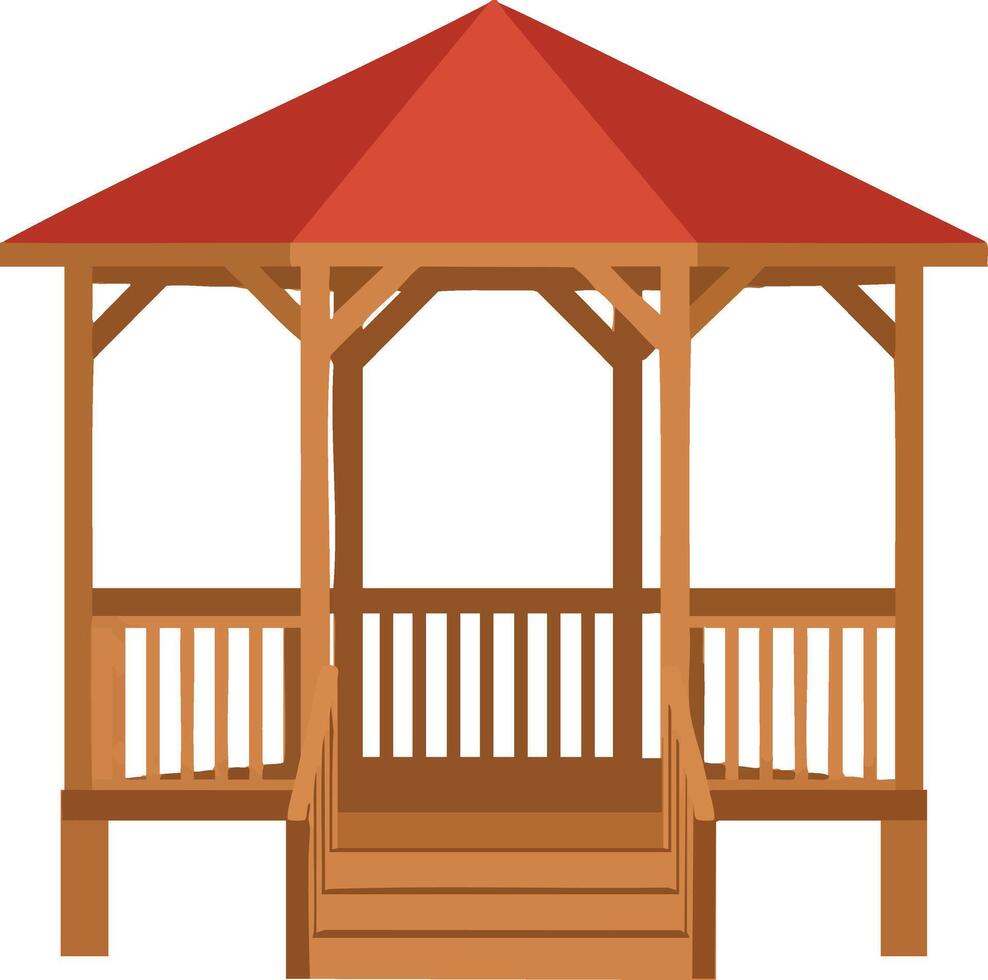 Wooden garden gazebo with red roof and open structure for outdoor relaxation and decoration illustration vector