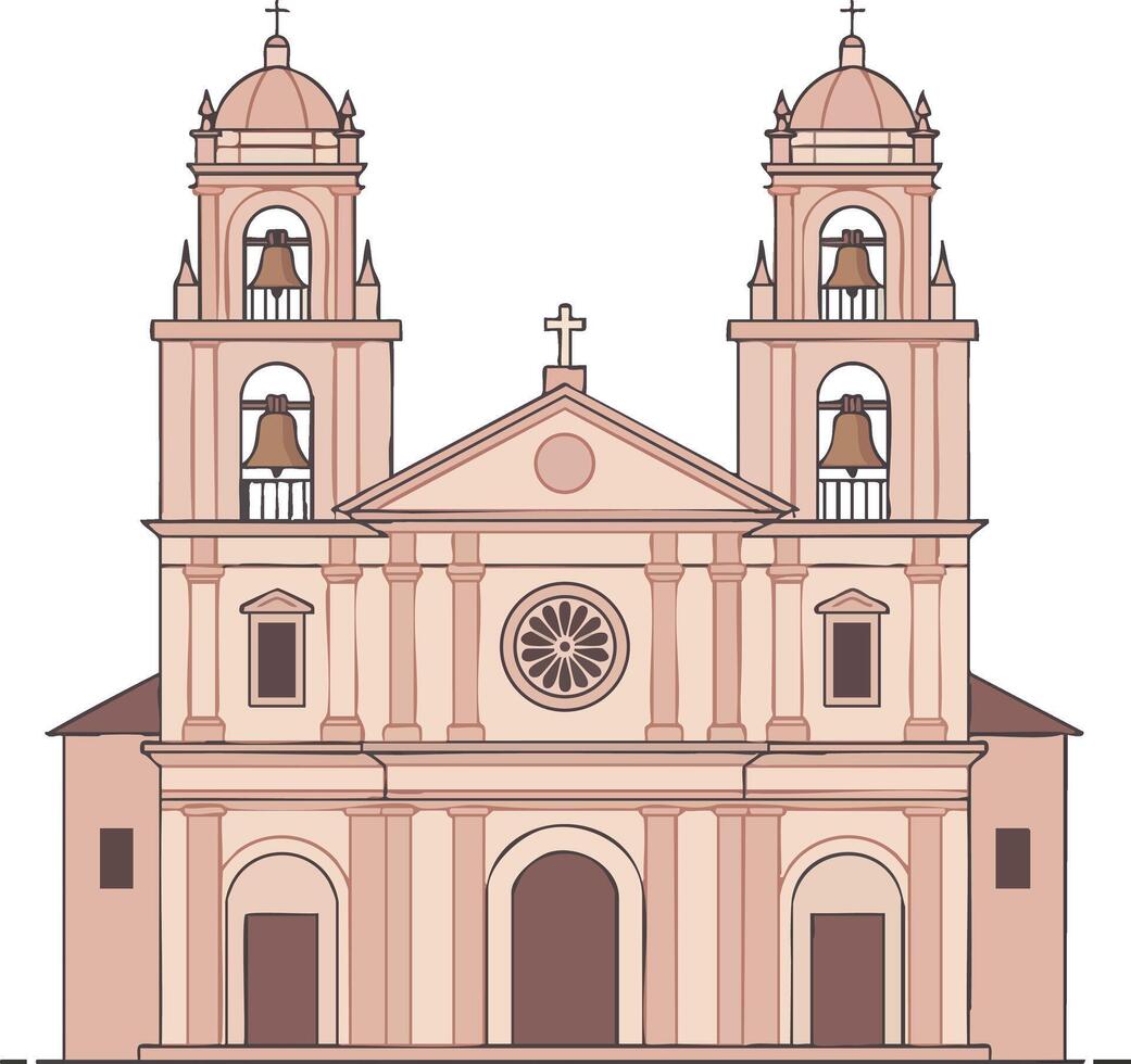 Colonial style church building facade with twin bell towers and rose window illustration vector