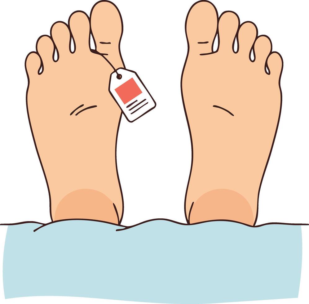 Dead feet with toe tag lying in hospital bed showing concept of death and morgue identification illustration vector