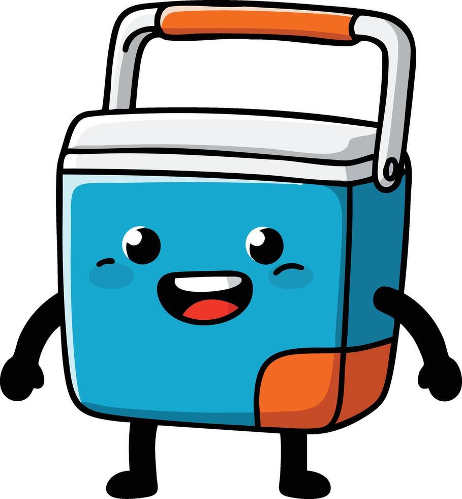 Cute blue and orange portable cooler with happy face cartoon character illustration vector