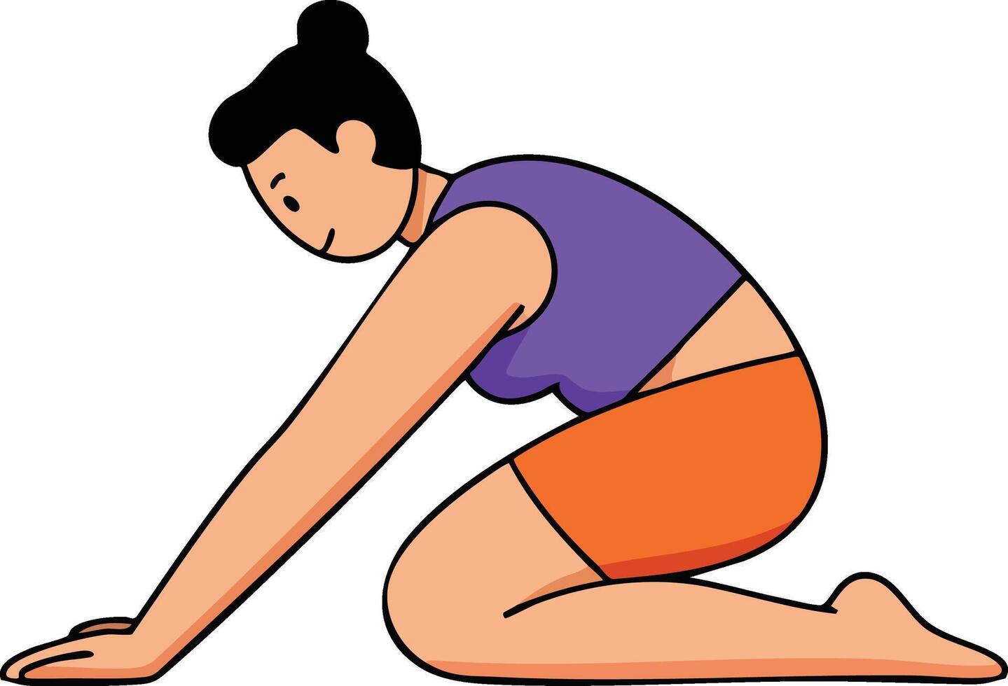 Woman practicing yoga pose stretching forward in purple top and orange shorts for fitness and wellness routine vector
