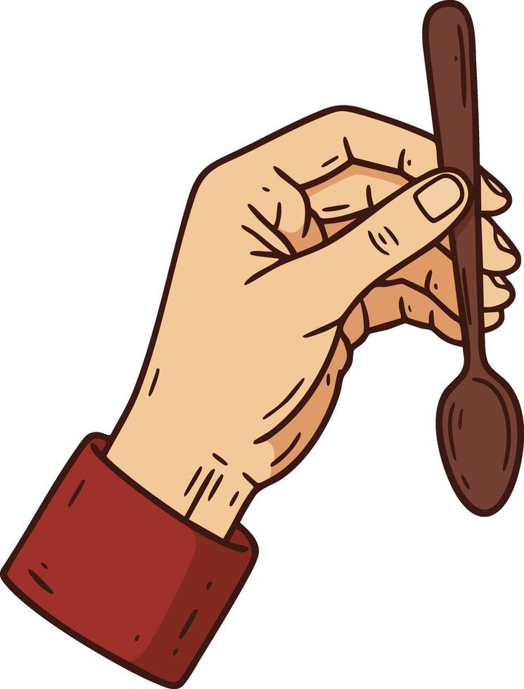 Hand holding small wooden spoon with red sleeve detailed drawing isolated on white background vector
