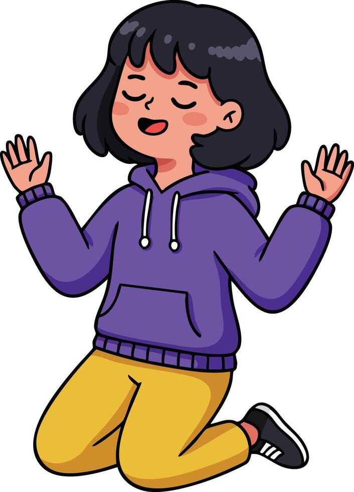 Girl with black hair wearing purple hoodie and yellow pants kneeling with closed eyes and joyful expression illustration vector