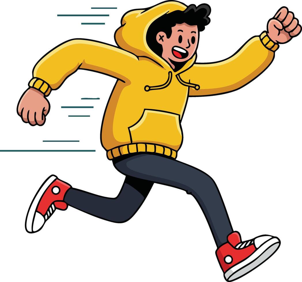 Young man running fast in yellow hoodie and red sneakers energetic movement illustration vector
