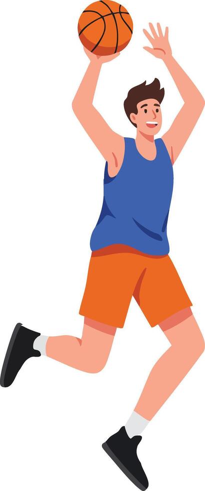Basketball player jumping to score during game action with orange ball and sportswear illustration vector