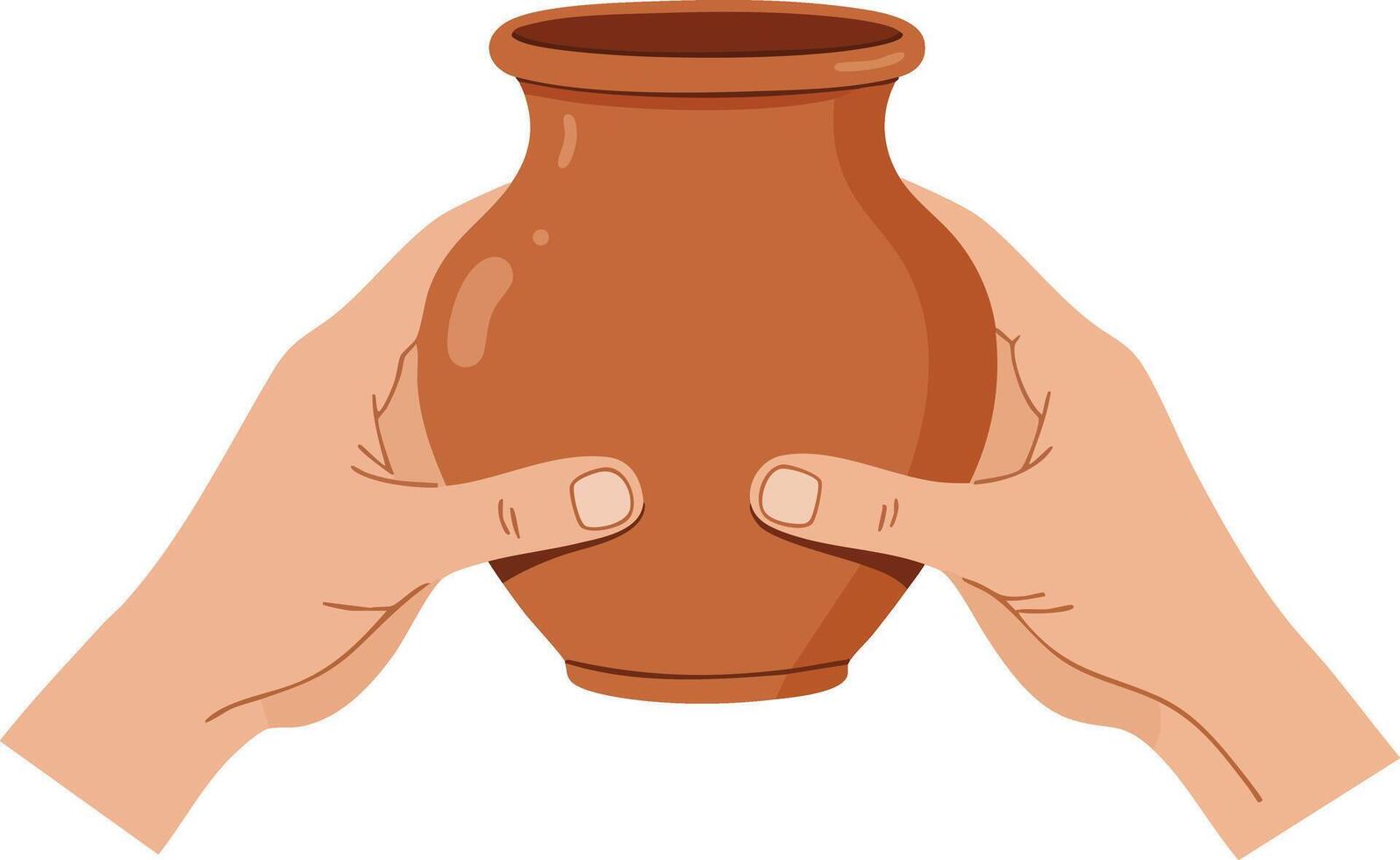 Hands holding traditional brown clay pot pottery craft art illustration design vector