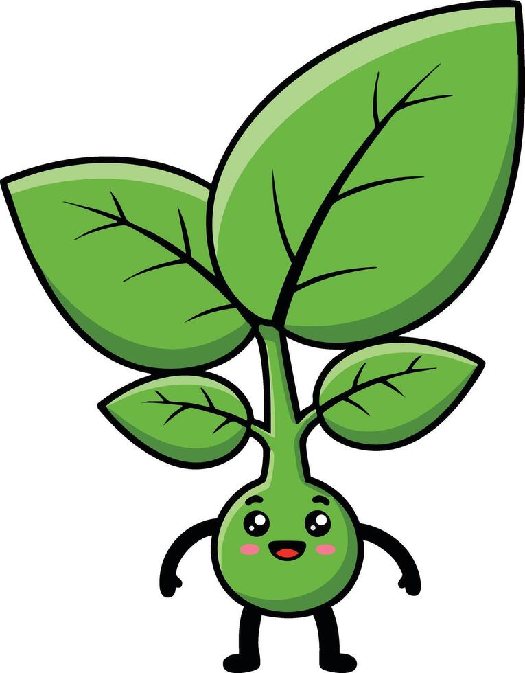 Cute cartoon green sprout character with big leaves smiling and standing on white background illustration vector