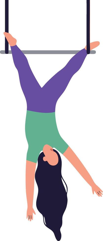 Woman performing aerial trapeze acrobatics hanging upside down with purple pants and green top illustration vector