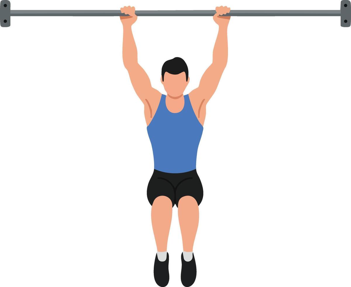 Man performing pull-up exercise on horizontal bar showcasing upper body strength and fitness training routine vector